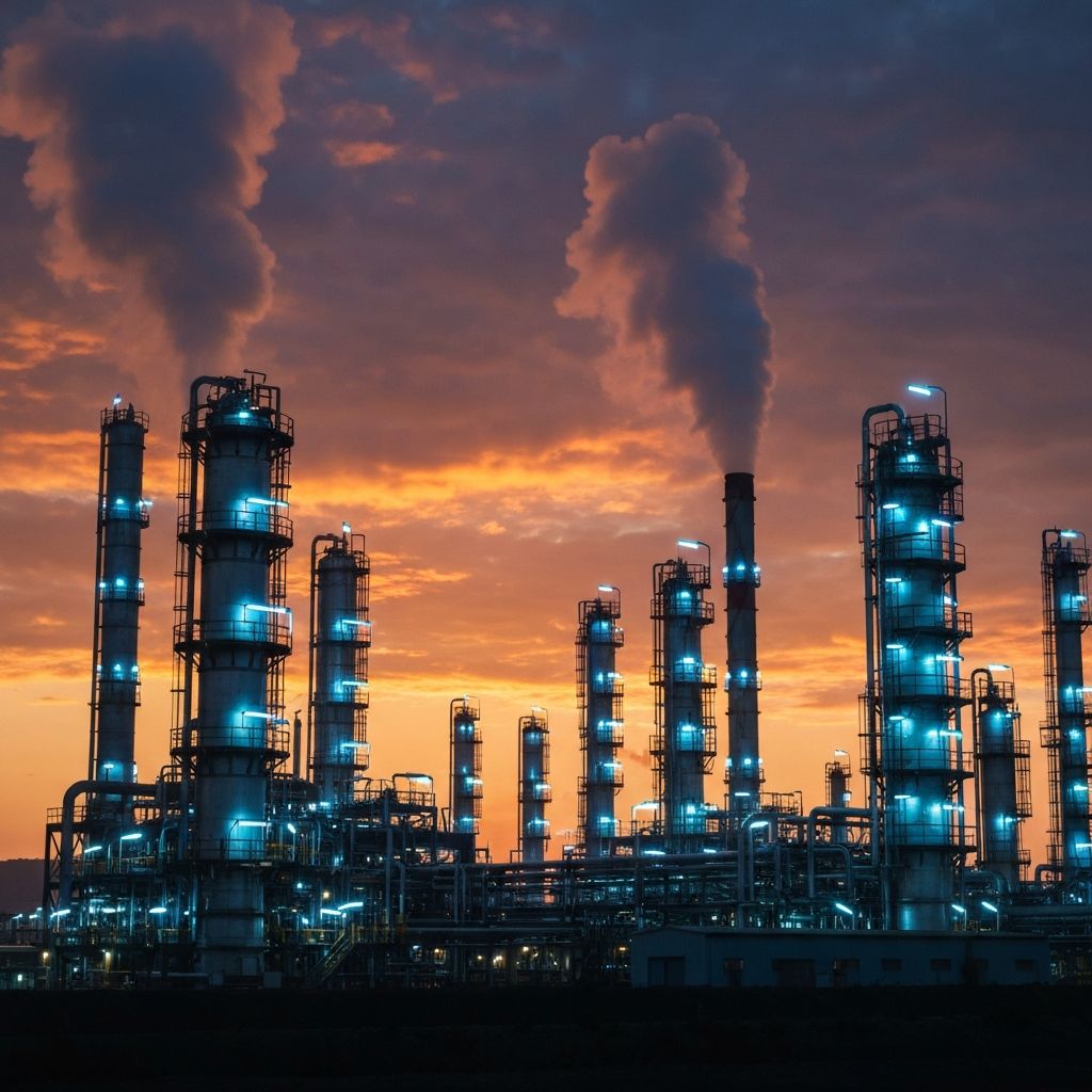 Advanced Earth refinery at golden hour